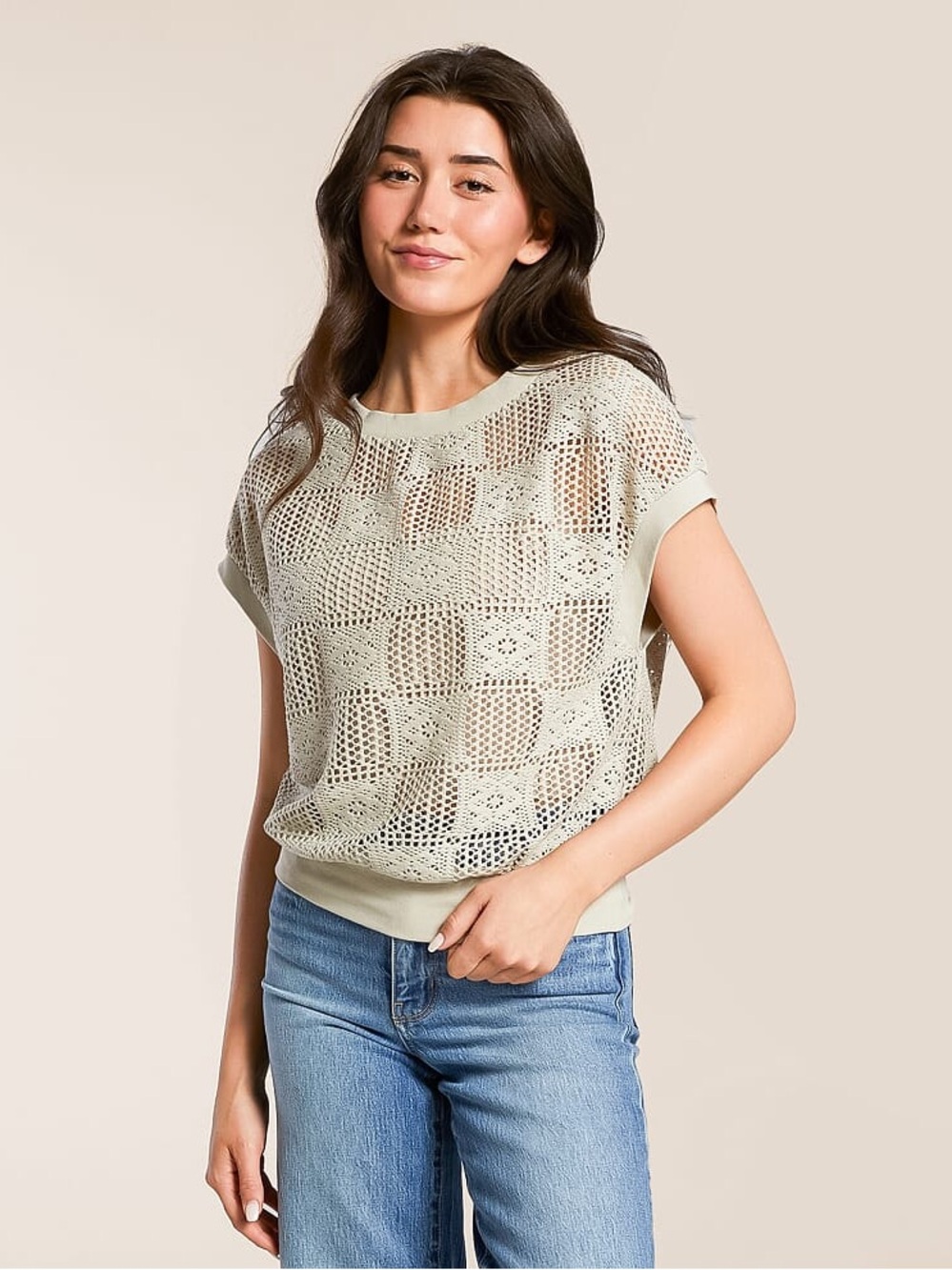 Daytrip Light Sage Crochet Crewneck Sweater